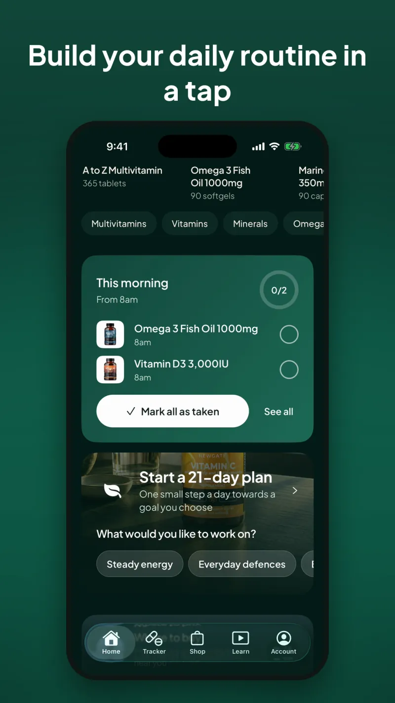 The app's home screen: this morning's doses with a Mark all as taken button, and a 21-day plan to start.
