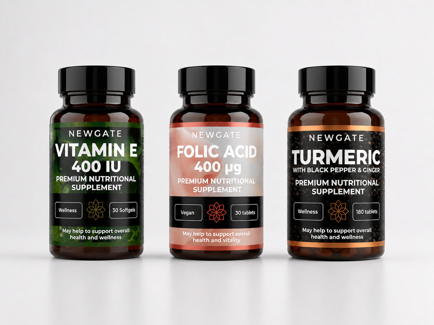 Newgate Vitamin E, Folic Acid and Turmeric supplements